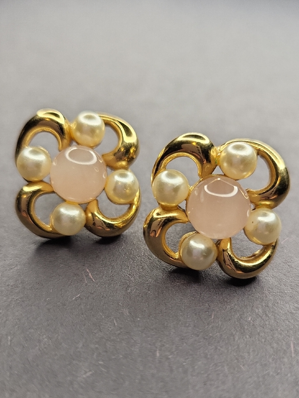 Napier Gold-Tone Flower Earrings with Pink Cabochons & Pearl Accents
